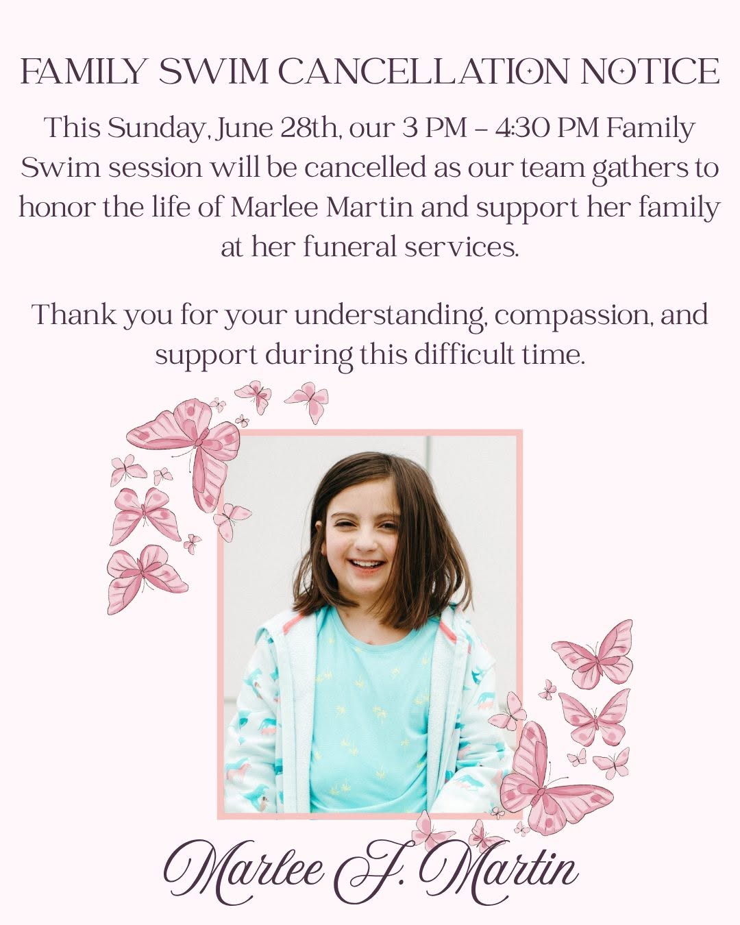 Marlee Martin Milford, Massachusetts Obituary-Death: Community Honors Marlee Martin As Family Swim Session Is Cancelled In Her Memory
